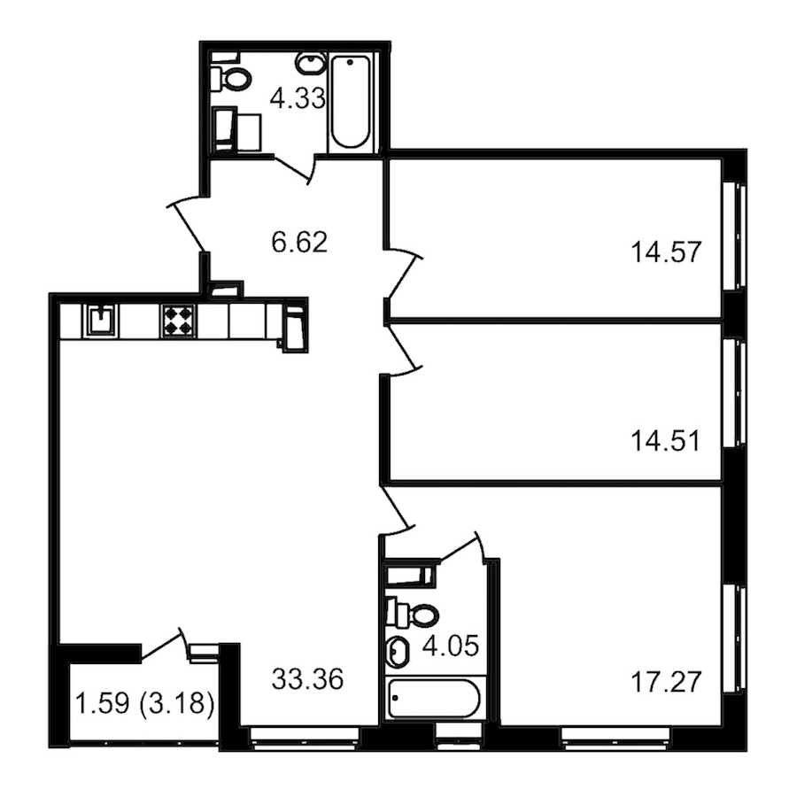 Трехкомнатная квартира в : площадь 97.89 м2 , этаж: 3 – купить в Санкт-Петербурге
